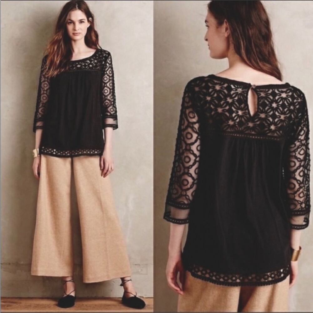 Anthropologie Meadow Rue Mantra Black Daisy Floral Crochet Lace Mesh Top S - Picture 2 of 9